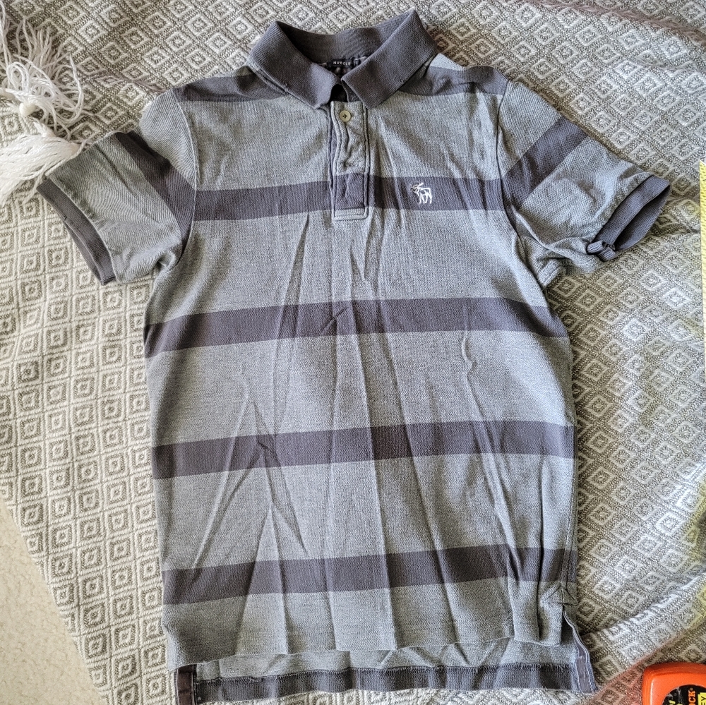 Abercrombie & Fitch light grey muscle polo shirt with dark grey stripes